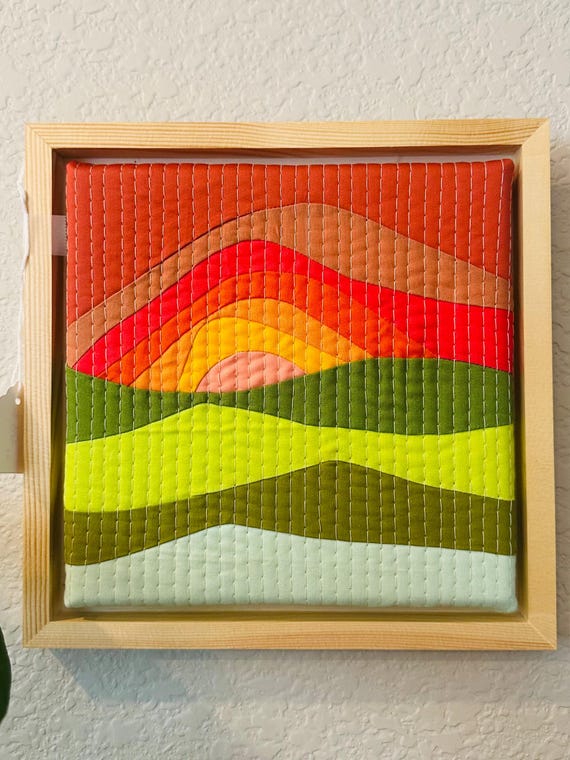 Sunset Textile Wall Art, Quilted  Landscape design, Cabin decor, Mountain place decor, Kids room , framed art, Wall hanging , fabric scraps