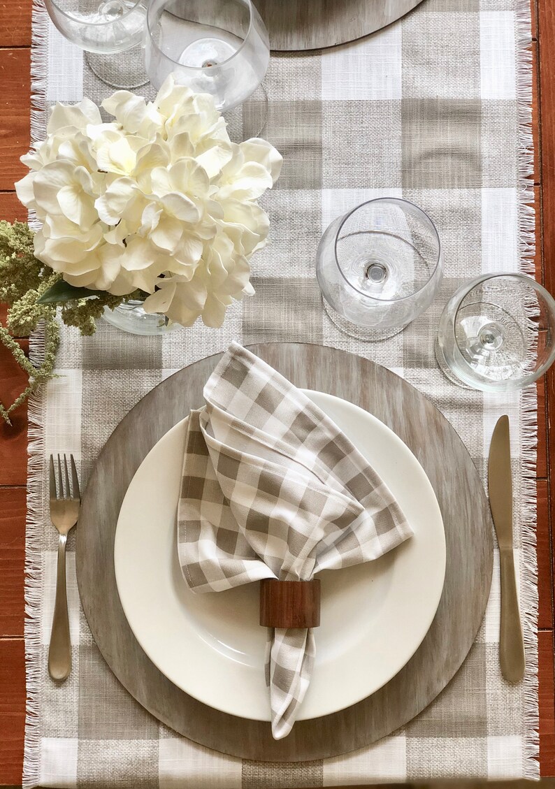 Plaid Taupe and white linen table runner Fall table decorFarmhouseThanksgiving dinner Table SettingCustom orders available image 4