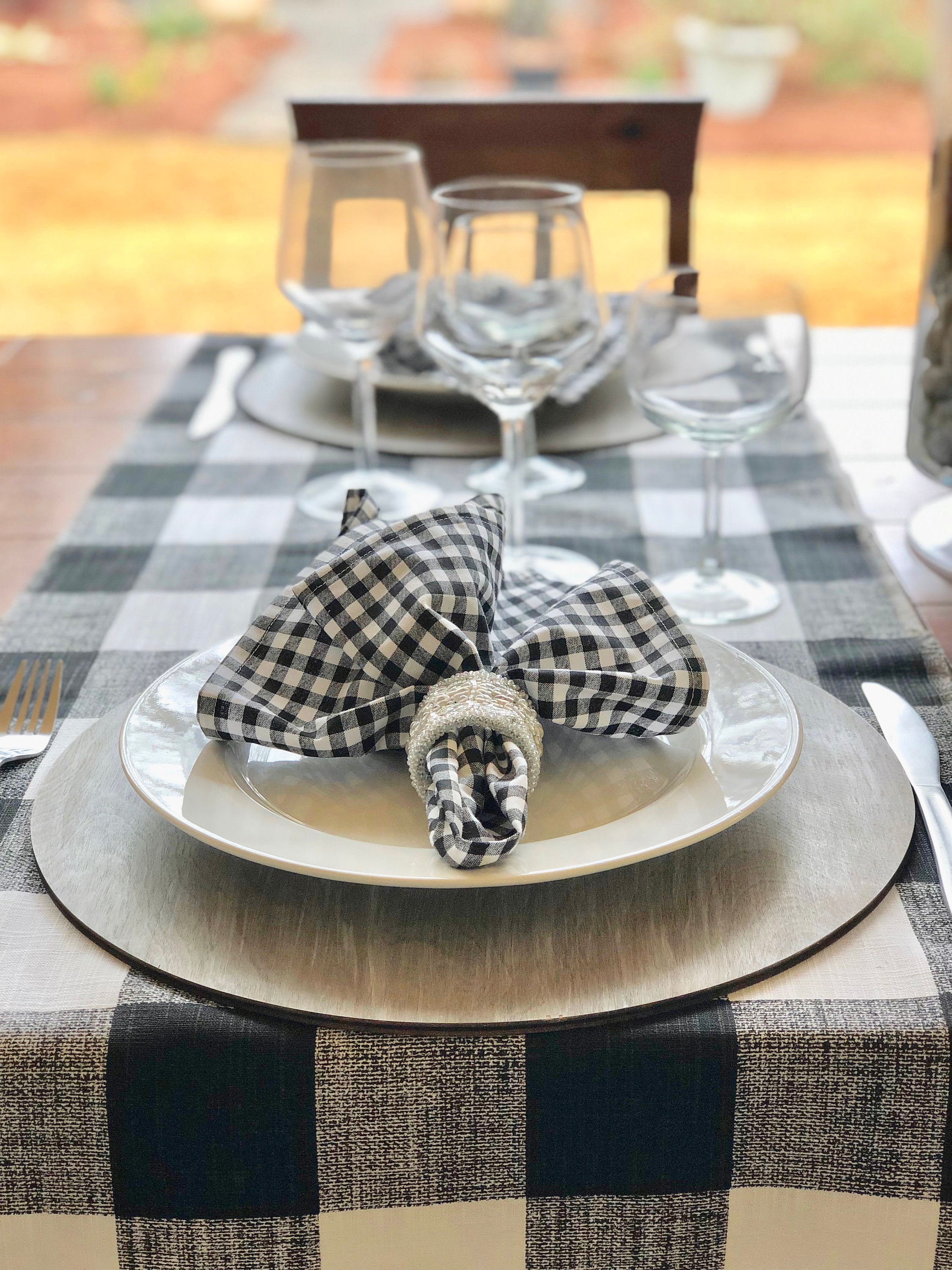 Buffalo Check black and white table runner with fringes Plaid