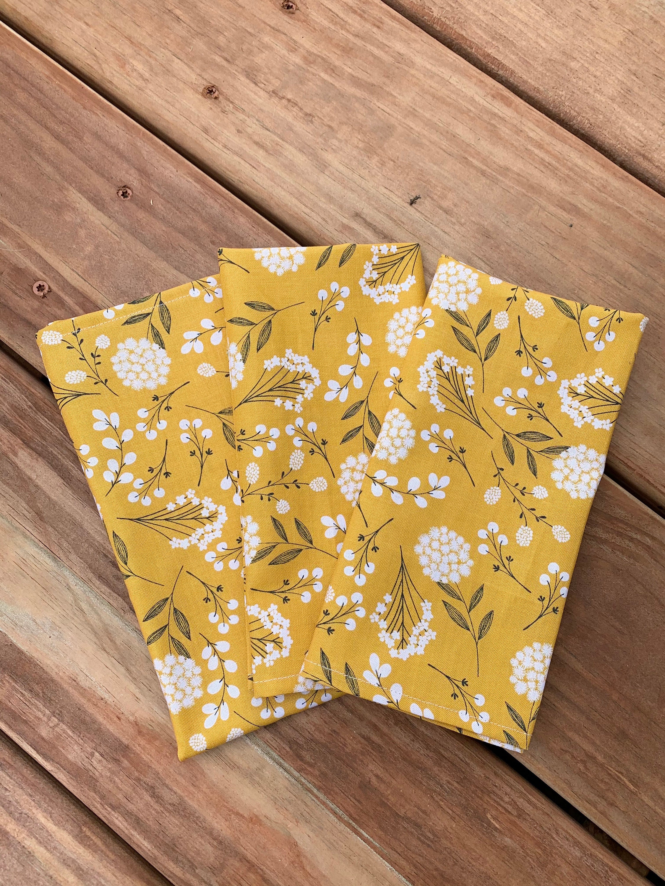 Mustard floral cotton napkins Picnic Napkins Ochre napkins 17 x 17