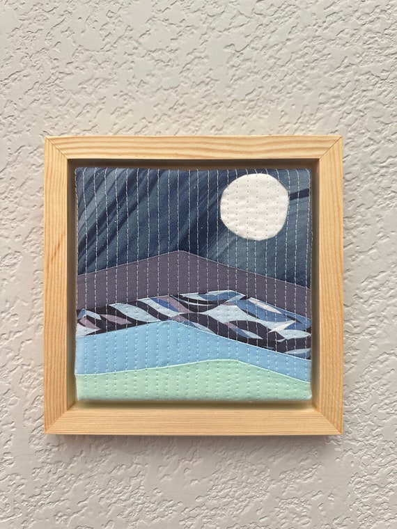 Small wall hanging art. Textile Art, Sewn art. Recycled fabrics. Kids room decor.  Mountain landscape. Cabin decor, Framed Art,