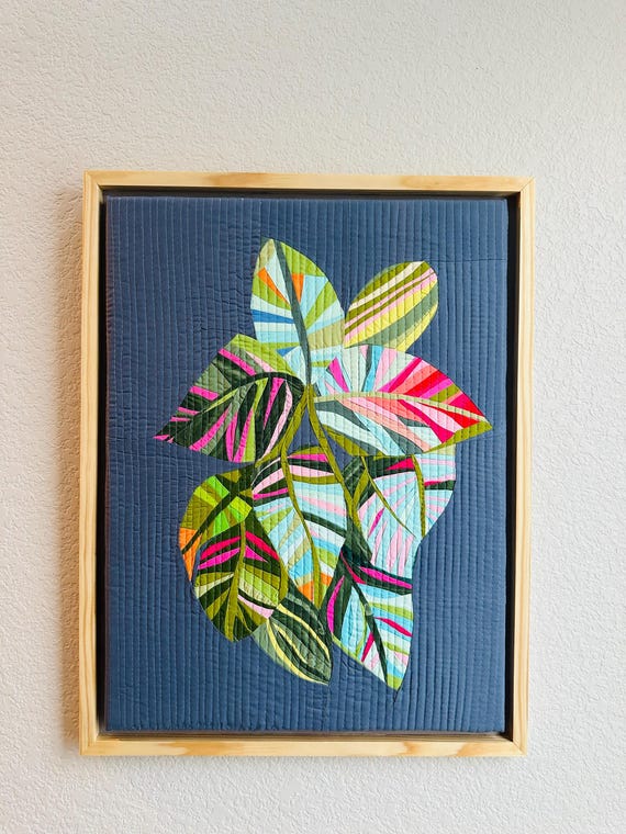 Petra. Botanical # 1 .Textile Art .Recycled fabric. Hanging Wall Art. Quilted piece. Vibrant floral palette,