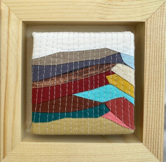 Mini wall hanging art . Quilted textile art . Scrappy Quilt, Collectibles . Mini Mountain.Cabin decoration .Framed art. Small gift.
