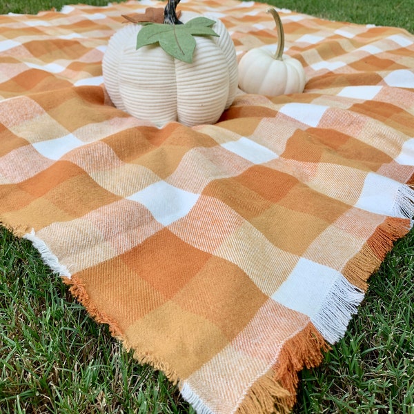 Fall Plaid  Table Trow|Mustard,Orange, white flannel| Fringes 1"|Spice and Harvest colors|Fall Decoration |Cozy|Farmhouse decor|Thanksgiving