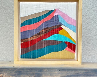 Rainbow Mountain Textile Art, Framed , Quilted, Recycled cotton Fabrics, Landscape , Wall hanging Art, Cabin decoration , Contemporary art.