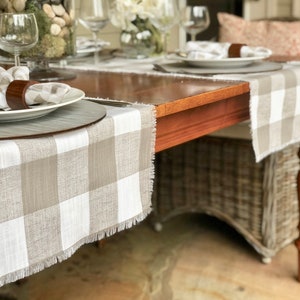 Plaid Taupe and white linen table runner Fall table decorFarmhouseThanksgiving dinner Table SettingCustom orders available image 5