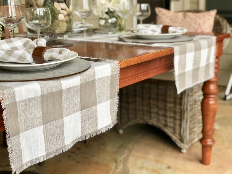 Plaid Taupe and white linen table runner Fall table decorFarmhouseThanksgiving dinner Table SettingCustom orders available image 5