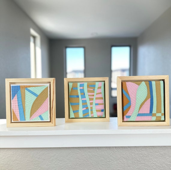 Abstrat Triptych Textile Art, Modern Framed Art, Recycled fabrics, Quilted and hand stitched, Wall Art on floating frame.
