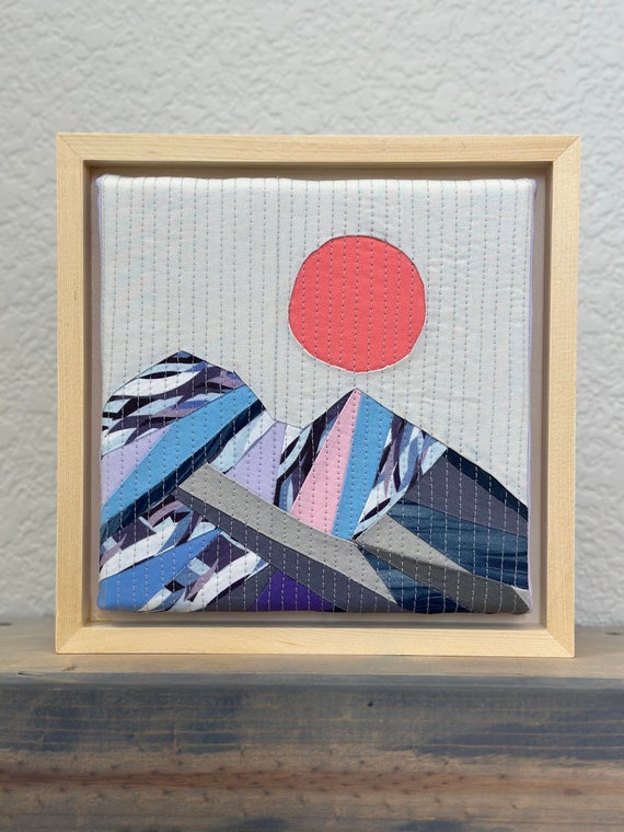 Snowcap Mountains Textile Art, framed , Quilted Recycled cotton Fabrics, Landscape , Wall hanging Art, Cabin decoration , Contemporary art.