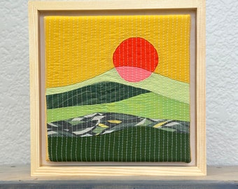 Sunset Textile Art, Quilted  Landscape design, Cabin decor, Mountain place decor, Kids room , framed art, Wall decoration , fabric scraps