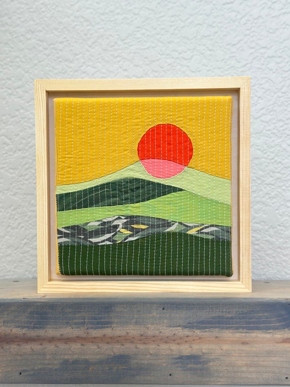 Sunset Textile Art, Quilted  Landscape design, Cabin decor, Mountain place decor, Kids room , framed art, Wall decoration , fabric scraps