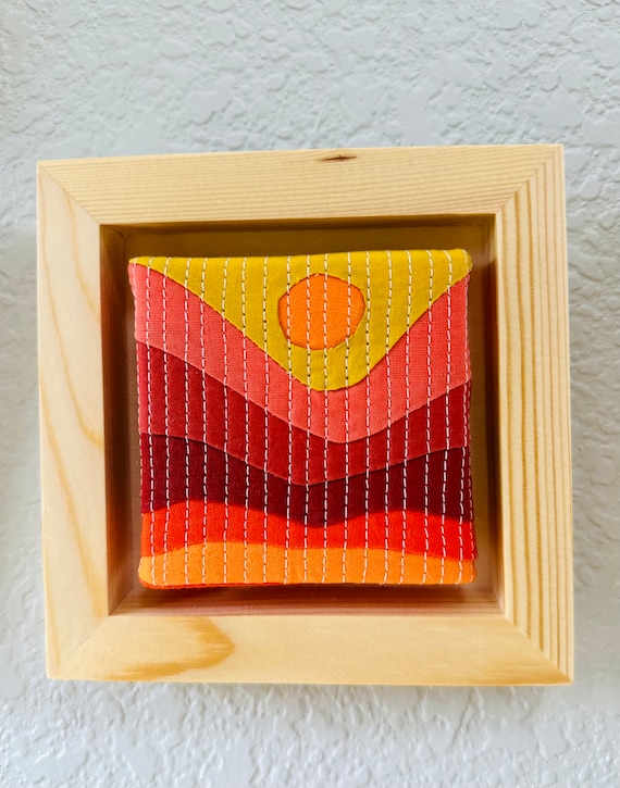 Mini wall hanging art. Small wall art.Quilted textile art . Scrappy Quilt. Collectibles . Mountain design. Cabin decor. Small gift . Framed