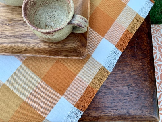 Autumn table throw|  Mustard, Orange, white |Fringes |Spice and Harvest colors|Fall Decoration|Cozy| Coffee table| Warm|Farmhouse decor