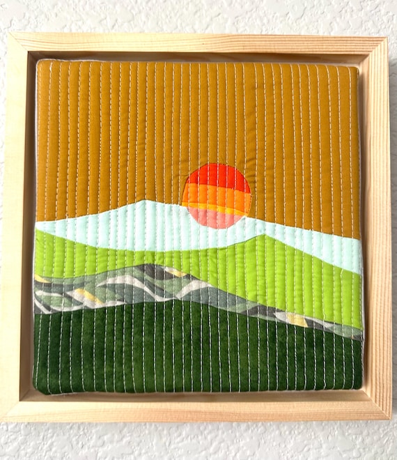Sunset Textile Wall Art, Quilted  Landscape design, Cabin decor, Mountain place decor, Kids room , framed art, Wall hanging , fabric scraps