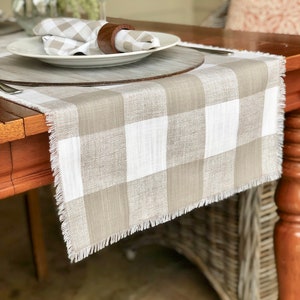 Plaid Taupe and white linen table runner Fall table decorFarmhouseThanksgiving dinner Table SettingCustom orders available image 3