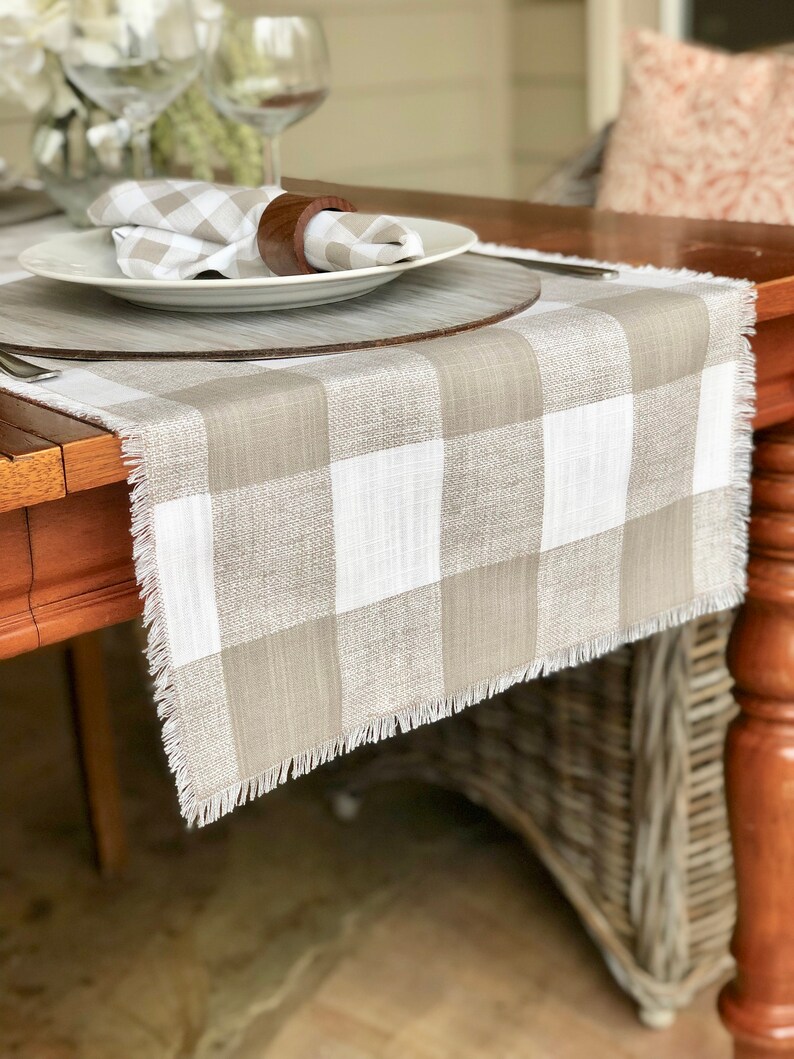 Plaid Taupe and white linen table runner Fall table decorFarmhouseThanksgiving dinner Table SettingCustom orders available image 3