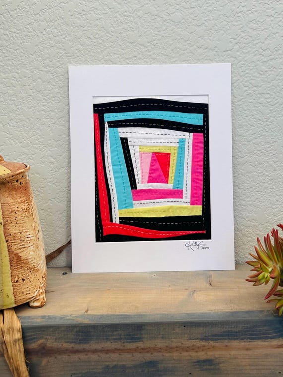 Log cabin pattern Textile Art: Recycled Cotton Fabric Wall Hanging.