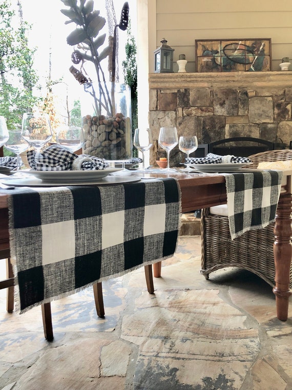 Buffalo Check black and white table runner with fringes| Plaid | Farmhouse|Year round|Country and Elegant|Farm table|Custom orders available