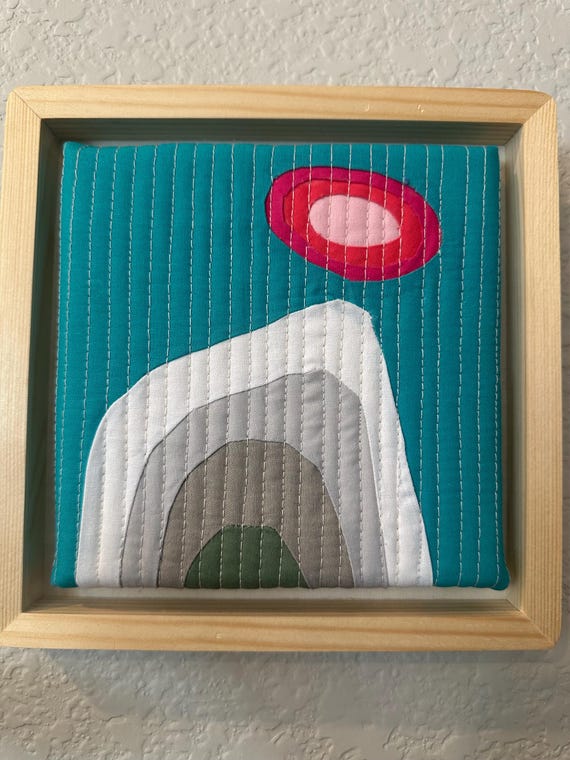 Abstract Textile Art, framed art, handstitch ,  quilt art , wall art decor, cabin decor, kids room decor, hanging art, natural wooden frame.