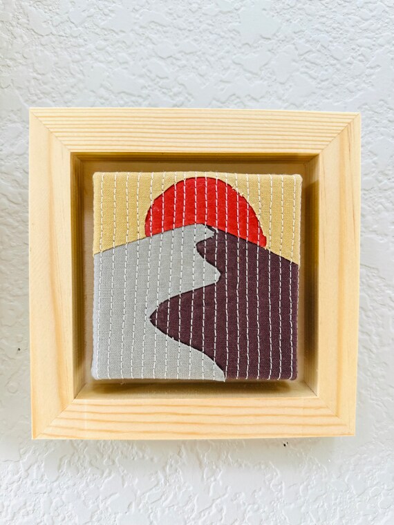 Mini wall hanging art . Small wall decor. Quilted textile art. Scrappy Quilt. Collectibles. Mountain design. Small gift.Cabin decor. Framed