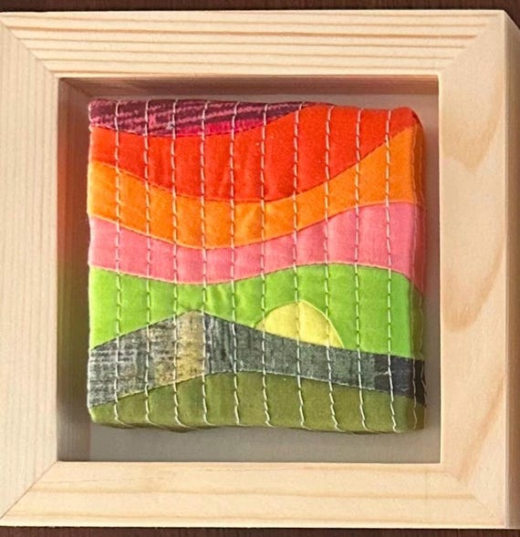 Mini wall hanging art . Quilted textile art . Scrappy Quilt, Collectibles . Mini Mountain.Cabin decoration .Framed art. Small gift.