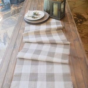 Plaid Taupe and white linen table runner Fall table decorFarmhouseThanksgiving dinner Table SettingCustom orders available image 1