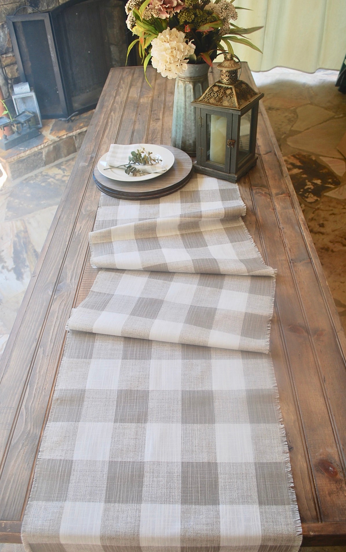 Plaid Taupe and white linen table runner FringesBuffaloFarmhouse