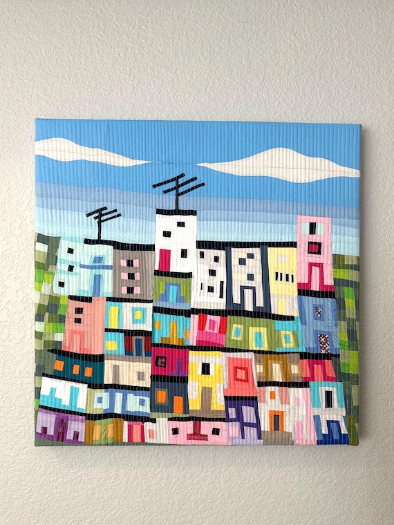Caracas Hills Quilted Textile Art | Recycled Cotton Sewn Wall Decor