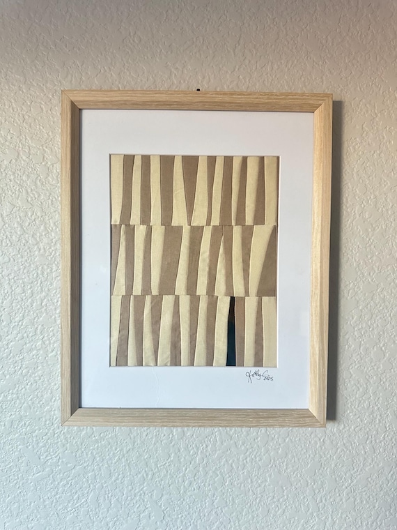 Geometric Fabric Scrap Art: Beige Brown Textile Wall Hanging (14x11)