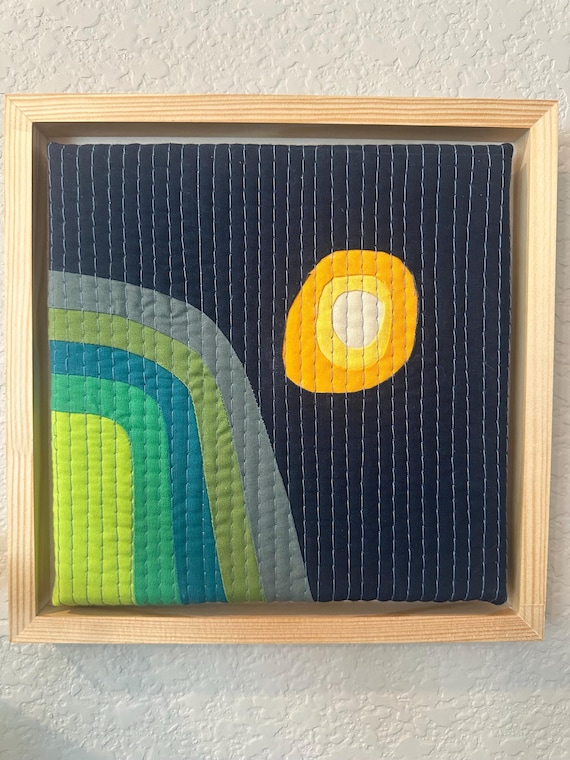 Abstract Textile  Art,  Quilted  Landscape design, Cabin decor, Mountain place decor, Kids room , framed art, Wall hanging , fabric scraps