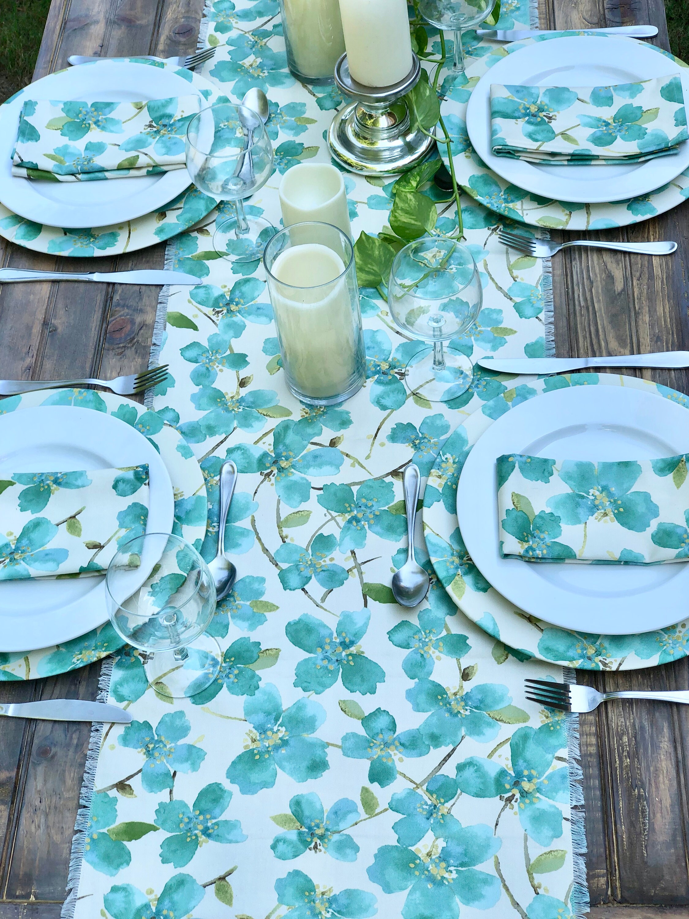Emerald green table runner Spring DecorFloral fabric Mother's day