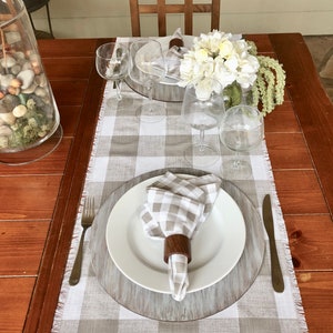 Plaid Taupe and white linen table runner Fall table decorFarmhouseThanksgiving dinner Table SettingCustom orders available image 8