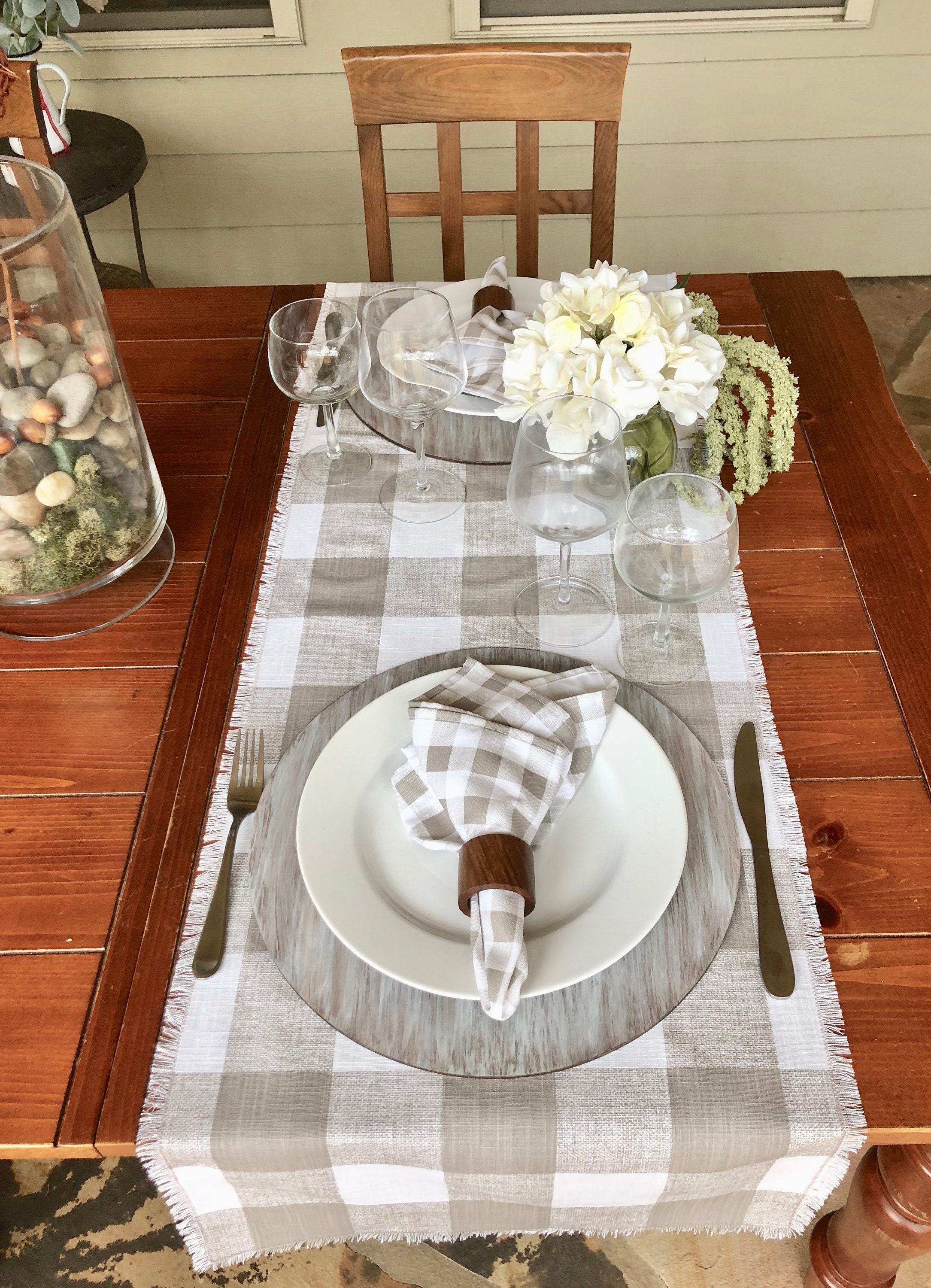 Plaid Taupe and white linen table runner FringesBuffaloFarmhouse