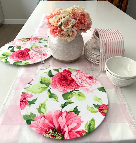 Pink Floral Charger Plates Covers| Peonies| Cotton | Set of two| Table settings| Spring| Weddings|Outdoor Easter| rehearsals| Mothers' Day