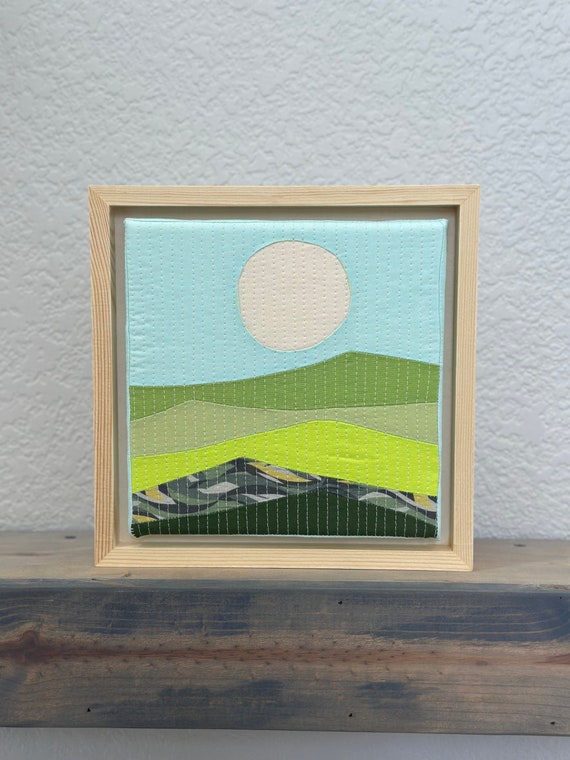 Small wall hanging art. Textile Art, Sewn art, Mountain landscape. Cabin decor, Framed Art,  Kids room decor, Recycle fabrics. Framed art.