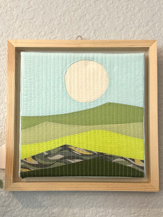 Small wall hanging art. Textile Art, Sewn art, Mountain landscape. Cabin decor, Framed Art,  Kids room decor, Recycle fabrics. Framed art.