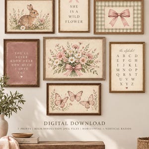 May include: A set of seven framed wall art prints featuring a rabbit, a pink bow, a bouquet of flowers, butterflies, an alphabet chart, and text including "SHE IS A WILD FLOWER" and "YOU'LL NEVER KNOW DEAR HOW MUCH I LOVE YOU" in a soft, muted color palette.