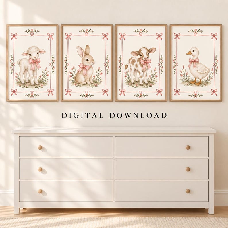 Vintage Farm Animal Nursery Wall Art Set of 4, Pink Bow Baby Girl ...