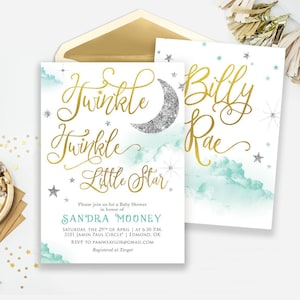Twinkle, Twinkle Little Star Baby-Dusche-Einladung, Stern-Baby-Dusche-Einladungen Glitzer Gold Silber Minze druckbare DIY anpassbar