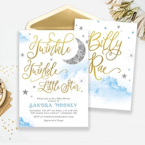 Twinkle, Twinkle Little Star Babypartyeinladung, Stern-Babyparty-Einladungen Glitter Gold SIlver hellblau Printable DIY anpassbar