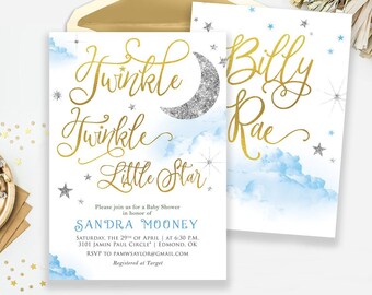 May include: Twinkle Twinkle Little Star baby shower invitation with a blue and white watercolor background, silver glitter moon, and gold glitter stars. The invitation text reads "Twinkle Twinkle Little Star" and "Please join us for a Baby Shower in honor of Sandra Mooney".