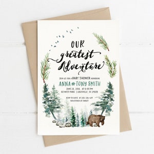 Avontuur baby shower uitnodiging Woodsy rustieke jongen baby uitnodigen genderneutrale pijnbomen, groen - aanpasbare digitale afdrukbare DIY-kaart