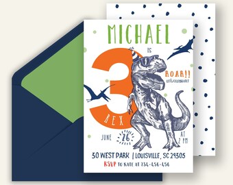Dinosaur Birthday Invitation | Roaring T-Rex, Three Rex  | (Digital Download)