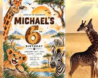 May include: A rectangular birthday invitation card featuring watercolor illustrations of a giraffe, a lion cub, a zebra, and an elephant in a savanna landscape. The text reads: JOIN US TO CELEBRATE MICHAEL'S 6TH BIRTHDAY, JANUARY 25TH, 2023, 2:00 PM - 4:00 PM, 1516 12TH ST ARGYLE, TX, RSVP TO 949.463.1521.