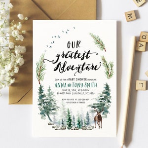 Adventure Baby Shower Uitnodiging Woodsy Rustic Boy Baby Uitnodigen Gender Neutrale Pijnbomen, Groen - aanpasbare digitale afdrukbare DIY-kaart