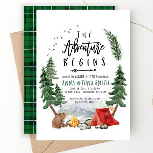 Faire-part de shower de couple aventure, l'aventure vous attend, faire-part de baby shower, camping, extérieur, invitation - carte bricolage numérique imprimable