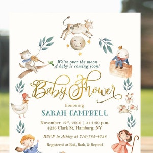 Nursery Rhyme Baby Shower Invitation | Cow Jumped Over the Moon, Hey Diddle Diddle, The Cat and the Fiddle, Humpty Dumpty - Printable DIY