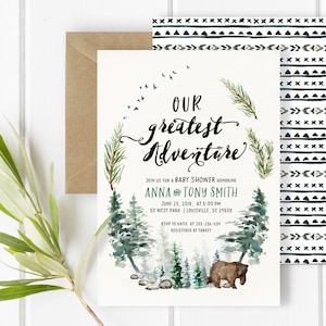 Avontuur baby shower uitnodiging Woodsy rustieke jongen baby uitnodigen genderneutrale pijnbomen, groen - aanpasbare digitale afdrukbare DIY-kaart