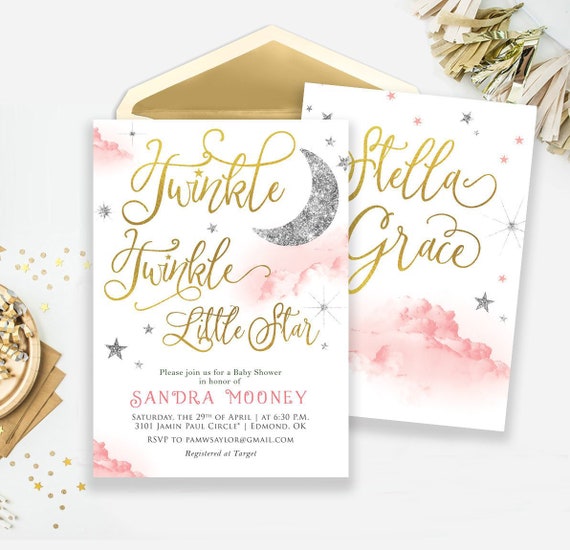 Printable Twinkle Twinkle Little Star invitation Twinkle twinkle baby shower Birthday invitation Customizable Pink and gold