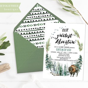 Avontuur baby shower uitnodiging, BUFFALO, BISON, baby uitnodigen genderneutrale pijnbomen, groen - aanpasbare digitale afdrukbare DIY-kaart